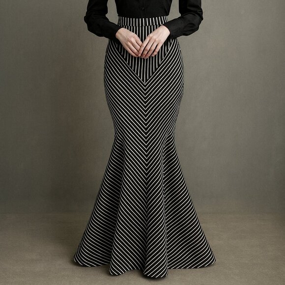 Chic Black and White Striped Long Full Skirt Steampunk Mermaid Fishtail Stripe S - Picture 1 of 5